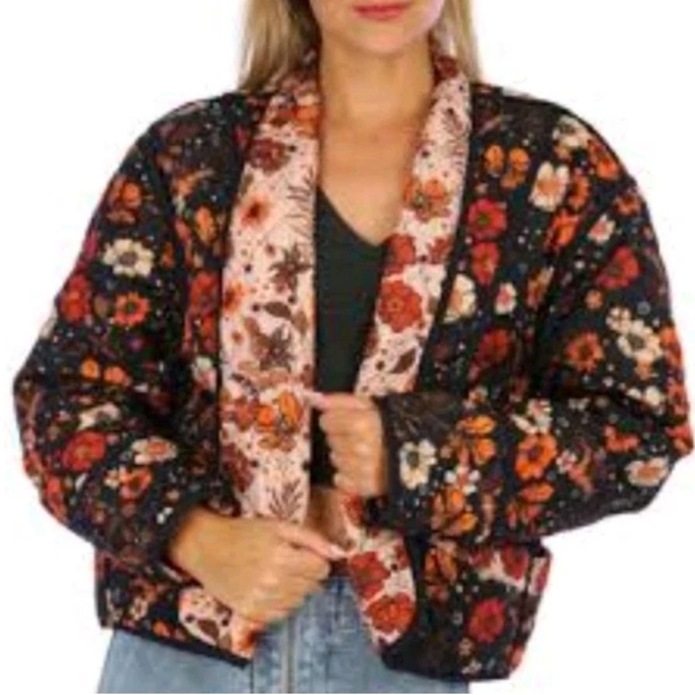 Simply Southern Reversible Quilted Jacket Woman XL Black Orange Fall Florals Nwt